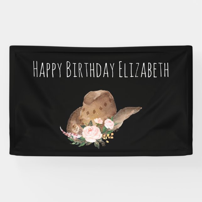 Brown Cowgirl Hut mit rosa Blume Happy Birthday Banner (Horizontal)