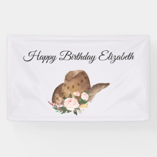 Brown Cowgirl Hut mit rosa Blume Happy Birthday Banner