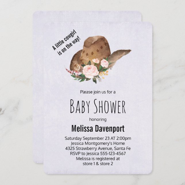Brown Cowgirl Hut mit rosa Blume Kinderdusche Einladung (Vorne/Hinten)