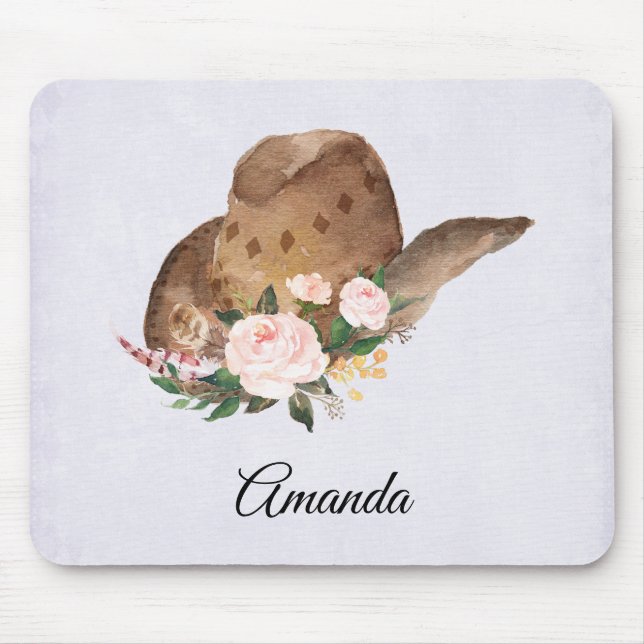 Brown Cowgirl Hut mit rosa Blume Mousepad (Vorne)