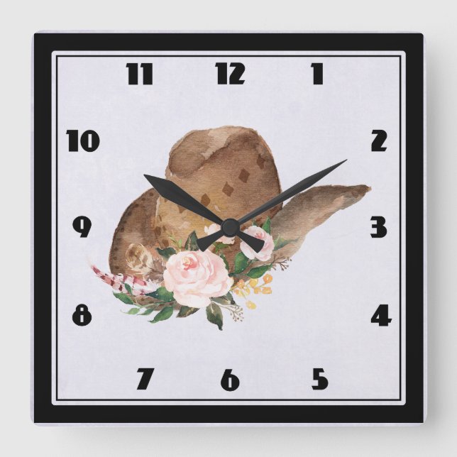 Brown Cowgirl Hut mit rosa Blume Quadratische Wanduhr (Vorderseite)