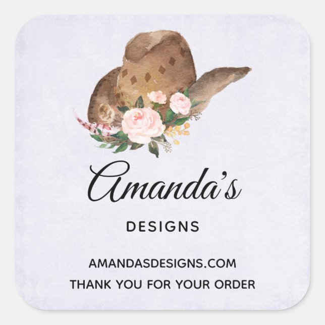 Brown Cowgirl Hut mit rosa Blume Quadratischer Aufkleber (Vorderseite)