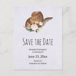 Brown Cowgirl Hut mit rosa Blume Save the Date Einladungspostkarte