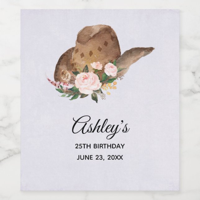 Brown Cowgirl Hut mit rosa Blume Weinetikett (Einzelnes Label)