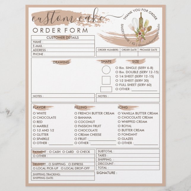 Brown Cream Bakery Cake Order Form Flyer (Vorne)