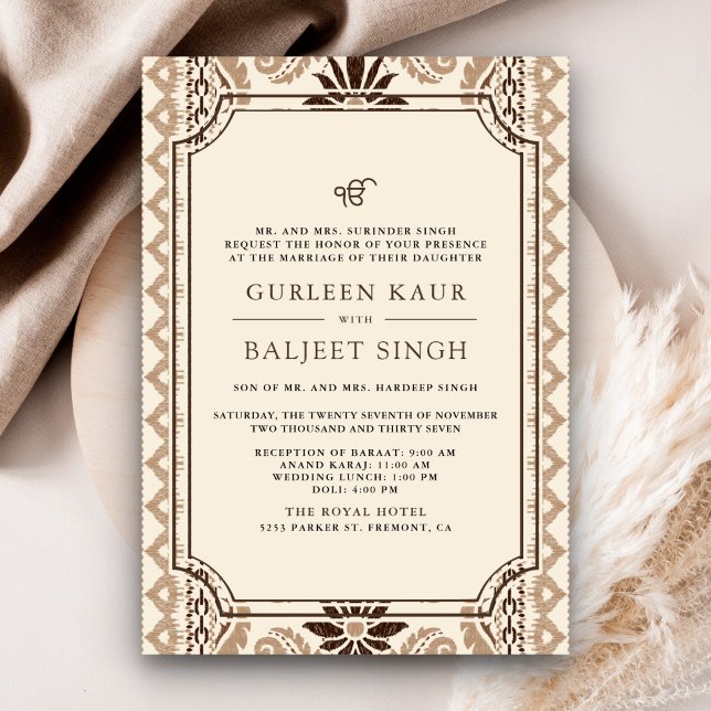 Brown Cream Beige Ikat Anand Karaj Sikh Wedding Einladung (Von Creator hochgeladen)