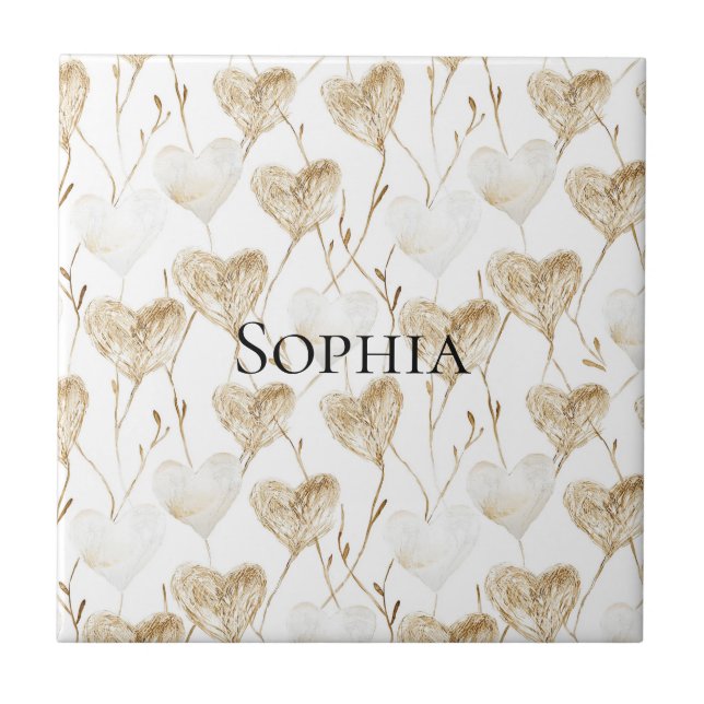 Brown Cream Boho Hearts Fliese (Vorderseite)