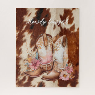 Brown Cream Cowhide Cowgirl Blumenstiefel Puzzle