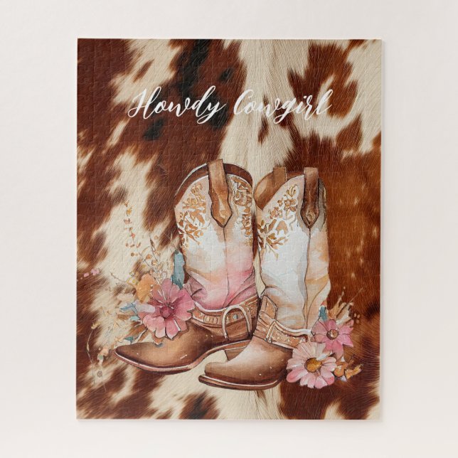 Brown Cream Cowhide Cowgirl Blumenstiefel Puzzle (Vertikal)