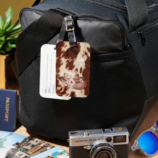 Brown Cream Cowhide Cowgirl Floral Hat Gepäckanhänger (Vorderseite & Rückseite)