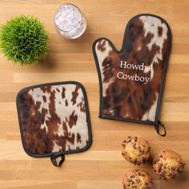 Brown Cream Cowhide Ofenhandschuh & Topflappen-Set (Oben Unten)