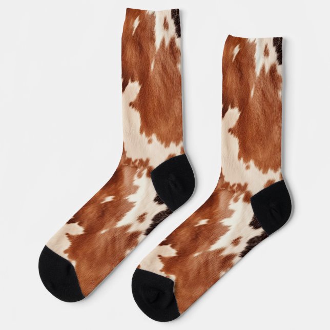 Brown Cream Faux Cow Print Socken (Linkes Detail)