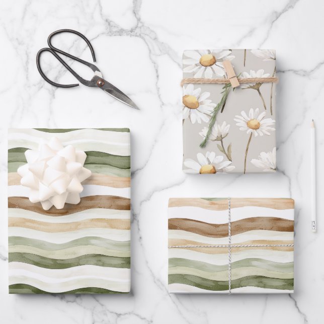 Brown Cream Green Stripes Daisies Birthday Geschenkpapier Set (Vorderseite)