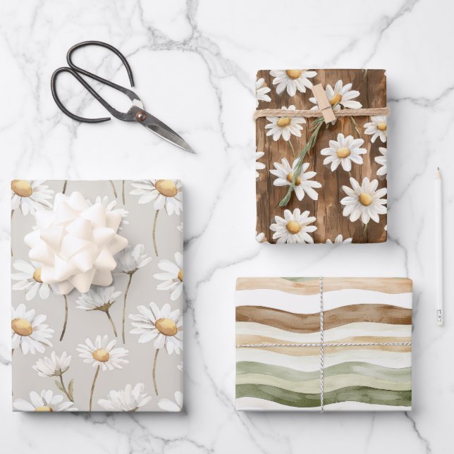 Brown Cream Green Stripes Daisy Floral Birthday Geschenkpapier Set (Vorderseite)