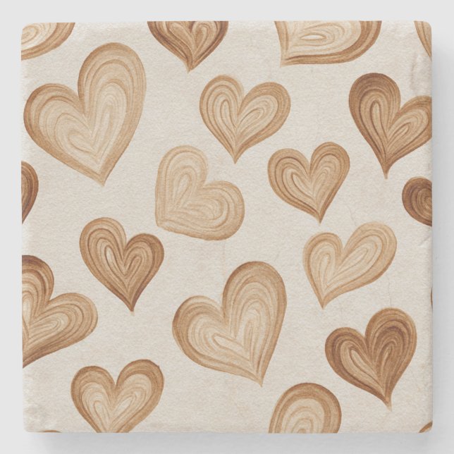 Brown Cream Hearts Stripes Steinuntersetzer (Vorderseite)