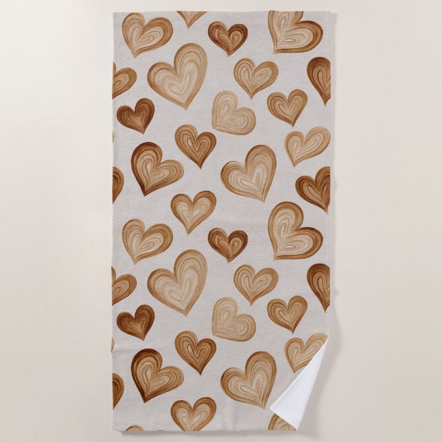 Brown Cream Hearts Stripes Strandtuch (Vorderseite)