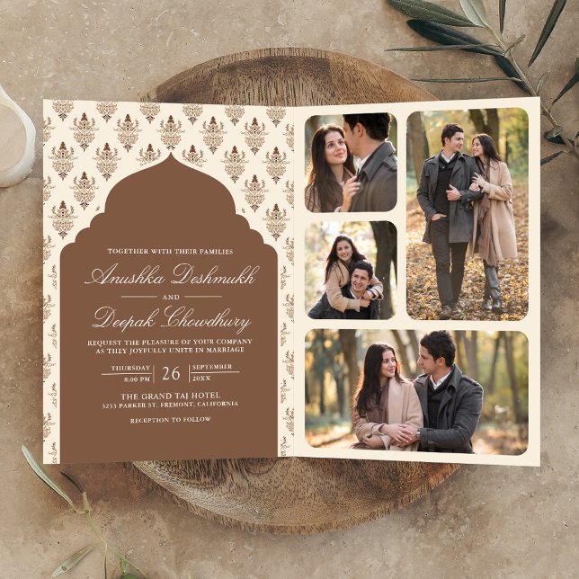 Brown Cream Ikat auf einer indischen Hochzeit Einladung (Von Creator hochgeladen)