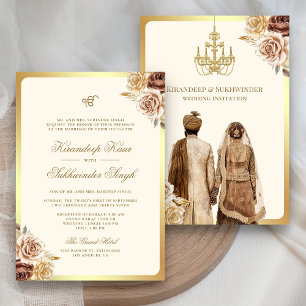 Brown Cream Rose Floral Anand Karaj Sikh Wedding Einladung