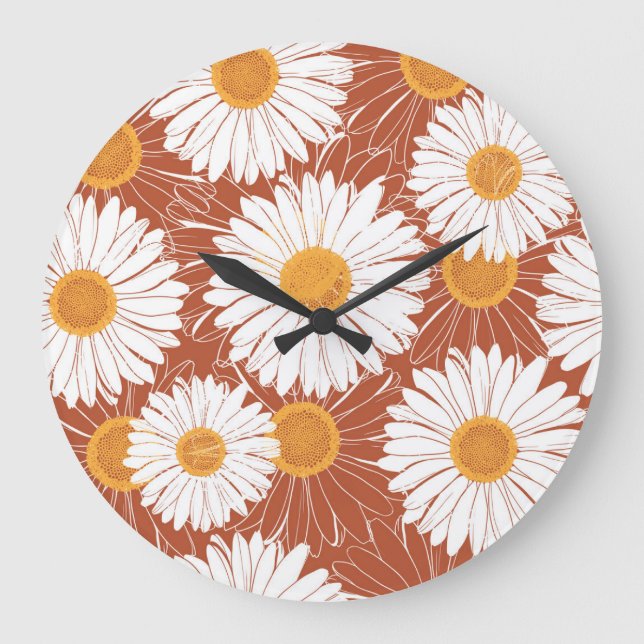 Brown Daisis: Muster nahtloser Blume Große Wanduhr (Vorderseite)