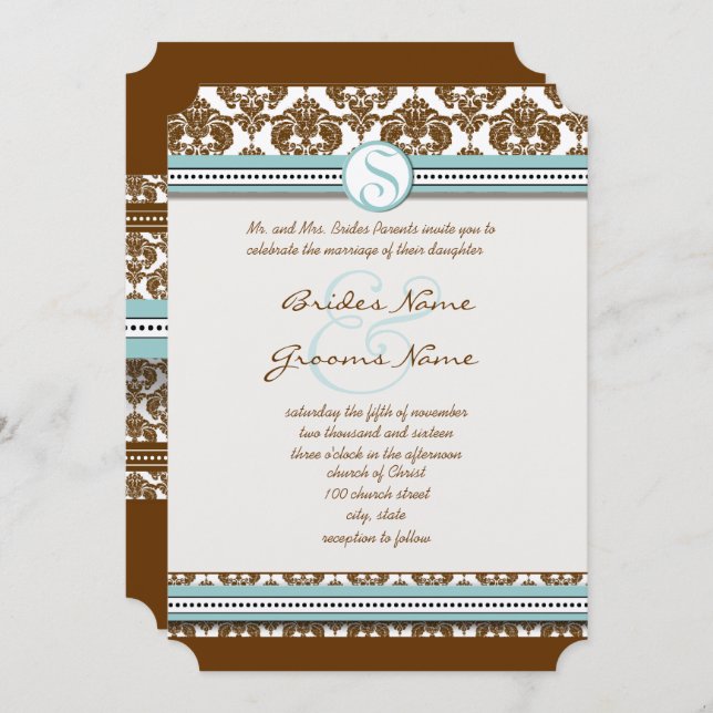 Brown Damask Aqua Blue Trim Wedding Einladung (Vorne/Hinten)