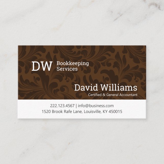 Brown Damask Bookkeeping/Accounting Business Card Visitenkarte (Vorderseite)
