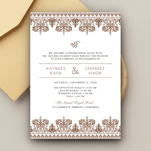 Brown Damask Border Anand Karaj Sikh Wedding Einladung (Von Creator hochgeladen)