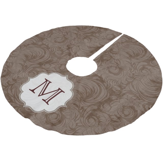 Brown Damask Lac Monogram Initial Tree Skirt Polyester Weihnachtsbaumdecke (Schrägansicht)
