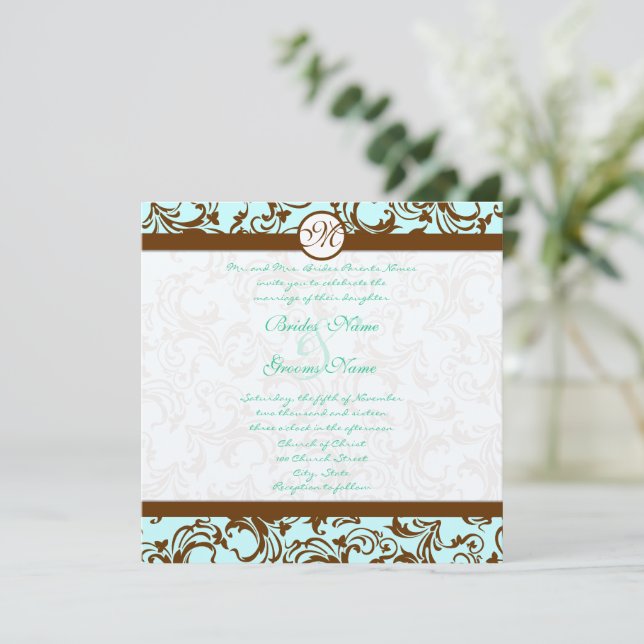 Brown Damask Light Aqua Blue Wedding Einladung (Stehend Vorderseite)
