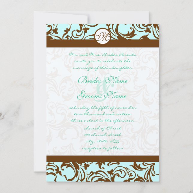 Brown Damask Light Aqua Blue Wedding Einladung (Vorderseite)