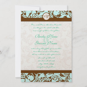 Brown Damask Light Aqua Blue Wedding Einladung