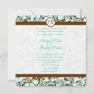 Brown Damask Light Aqua Blue Wedding Einladung