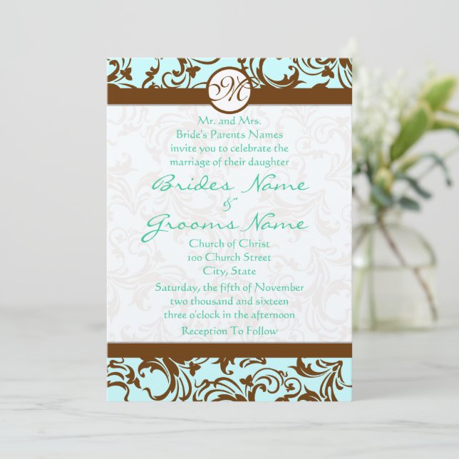 Brown Damask Light Aqua Blue Wedding Einladung (Stehend Vorderseite)