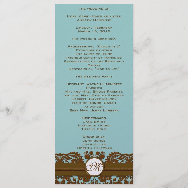 Brown Damask Monogram Wedding Program Programm (Vorderseite)