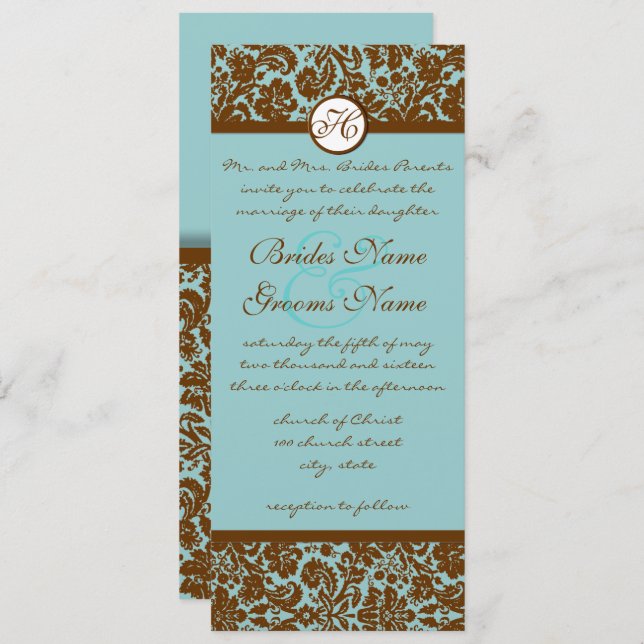 Brown Damask on Aqua Blue Wedding Einladung (Vorne/Hinten)