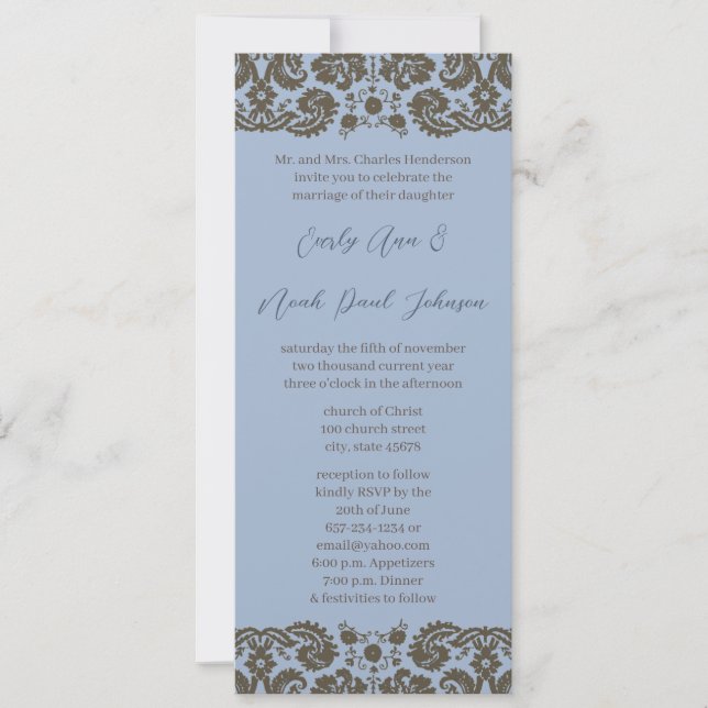 Brown Damask on Aqua Blue Wedding Einladung (Vorderseite)