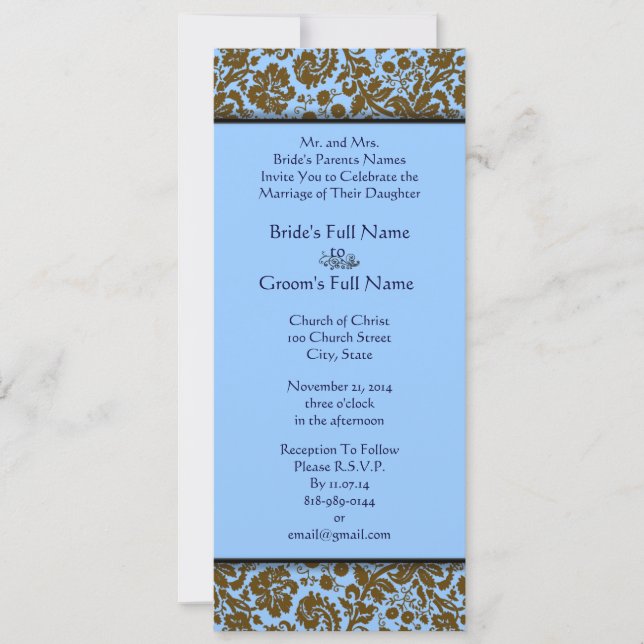 Brown Damask on Aqua Blue Wedding Einladung (Vorderseite)