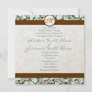 Brown Damask on Aqua Blue Wedding Einladung