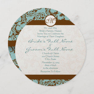 Brown Damask on Aqua Wedding Einladung