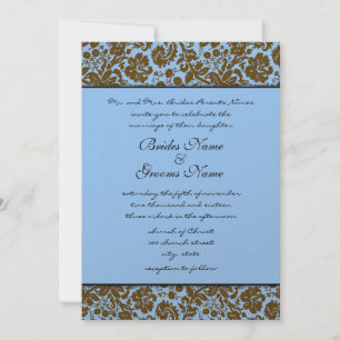Brown Damask on Blue Wedding Einladung