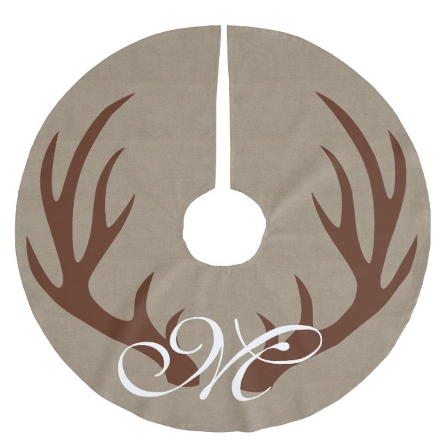 Brown Deer Antlers Faux Burlap Monogram Tree Skirt Polyester Weihnachtsbaumdecke (Vorderseite)