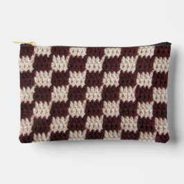 Brown Ecru Checkered Pattern Artisan Crochet Print Zubehörtasche