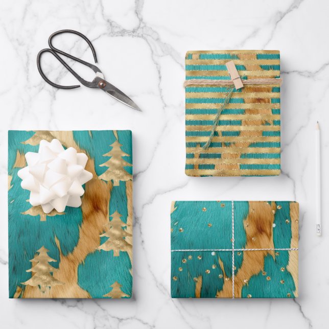 Brown Emerald Gold Christmas Tree Sparkle Geschenkpapier Set (Vorderseite)