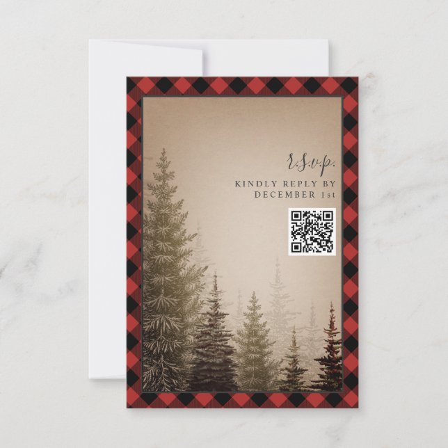 Brown Evergreen Tree Rustic Kariert Wedding QR Cod RSVP Karte (Vorderseite)