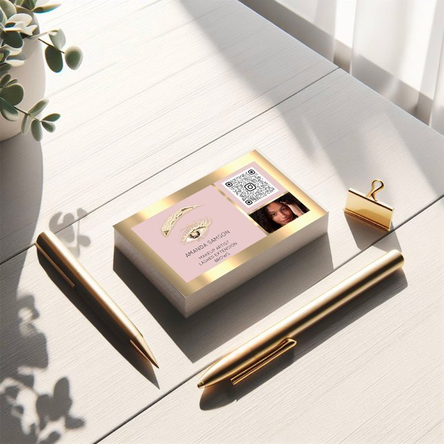 Brown Eyelash Brow Makeup Logo Qr Code Rose Foto Visitenkarte (Brown Eyelash Brow Makeup Logo Qr Code Rose Foto Business Card)