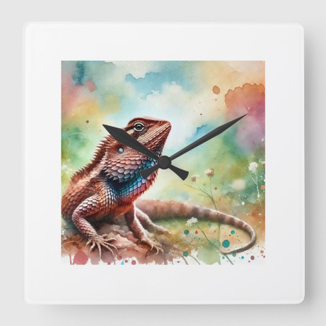 Brown Fanthroated Lizard 231024AREF133 - Watercolo Quadratische Wanduhr (Vorderseite)