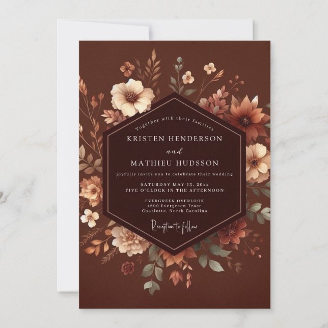 Brown Floral Autumn Romance Wedding Einladung (Vorderseite)