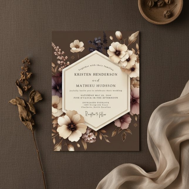 Brown Floral Nocturne Wedding Einladung (Von Creator hochgeladen)