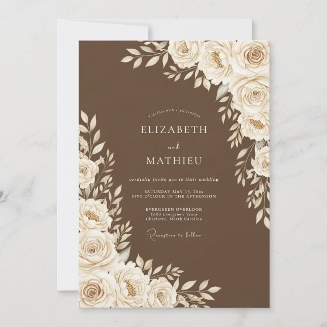 Brown Floral Wedding Einladung (Vorderseite)