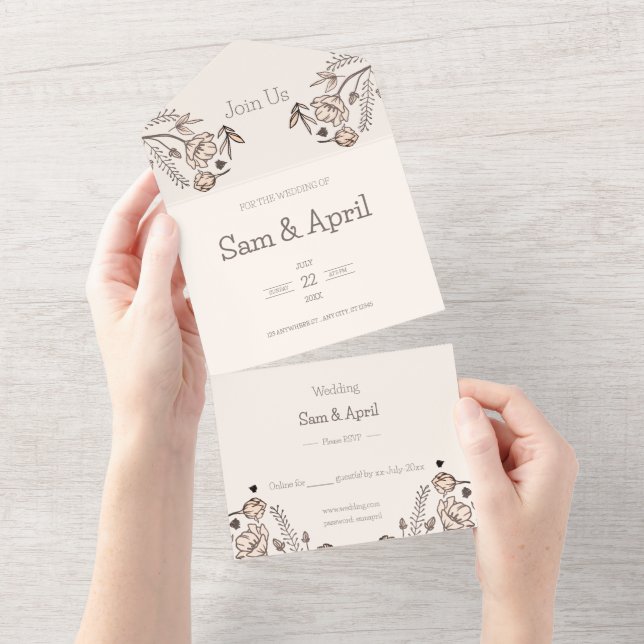 Brown Floral Wedding Theme All In One Einladung (Abreißen)