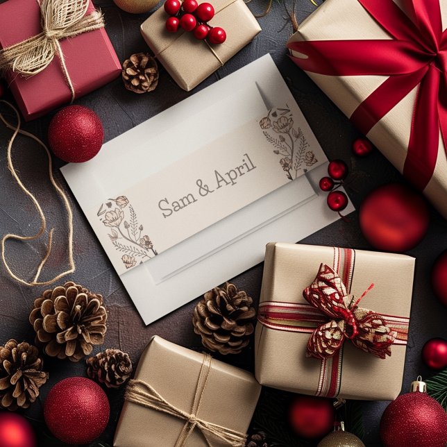 Brown Floral Wedding Theme Einladungsbanderole (wedding invitation belly band with your name in a royal way)